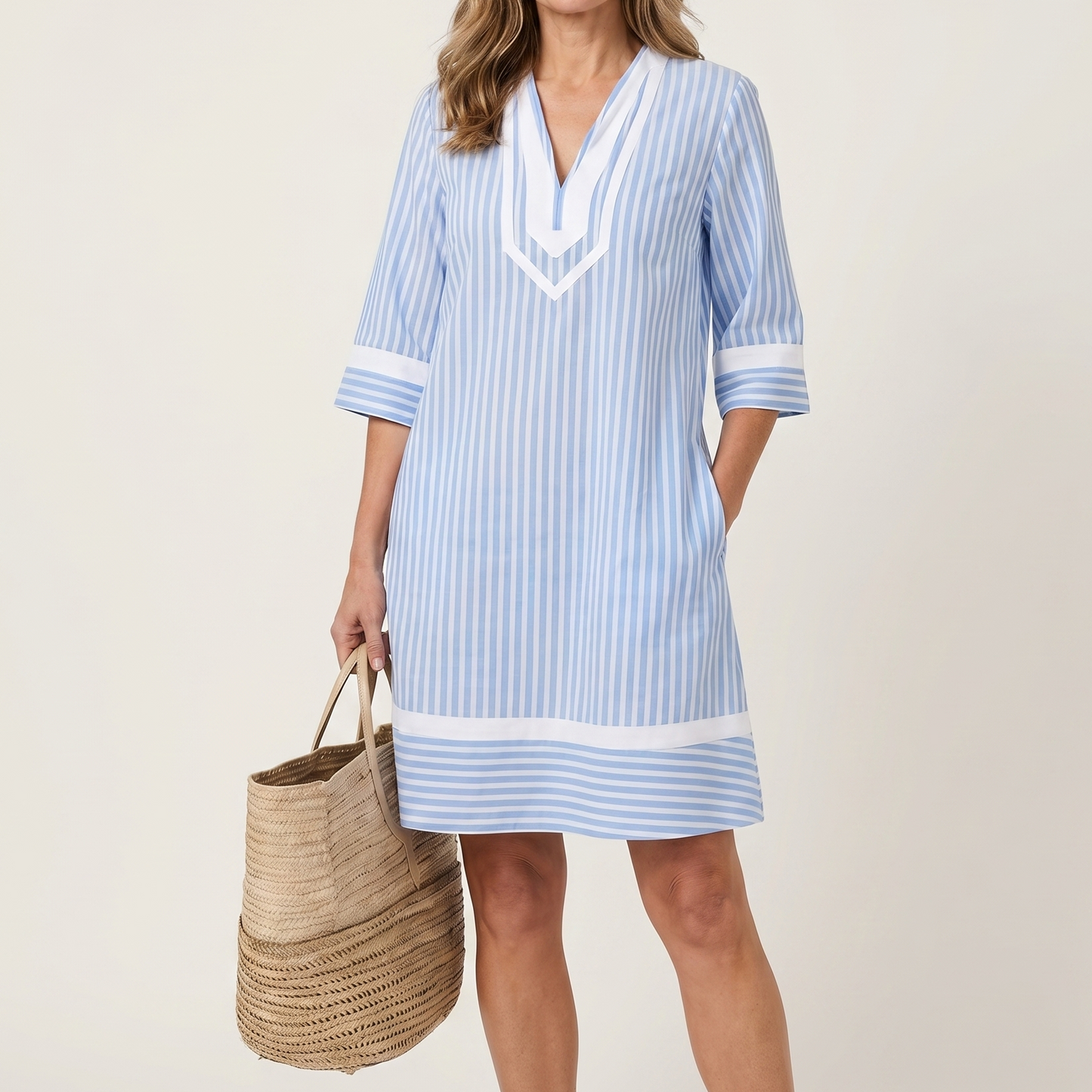 Silvia | Vestido Recto de Rayas en Algodón con Escote en V y Ribete Contraste