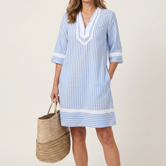 Silvia | Vestido Recto de Rayas en Algodón con Escote en V y Ribete Contraste