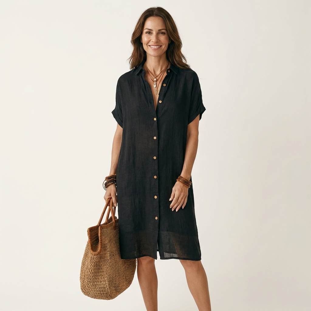Florencia | Vestido Camisero Midi en Algodón y Lino con Puños Remangados