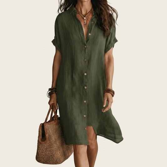 Florencia | Vestido Camisero Midi en Algodón y Lino con Puños Remangados