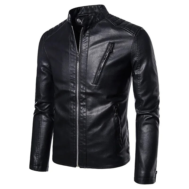 Elegante chaqueta de piel con cuello alzado