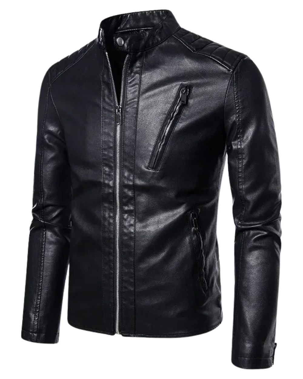 Elegante chaqueta de piel con cuello alzado