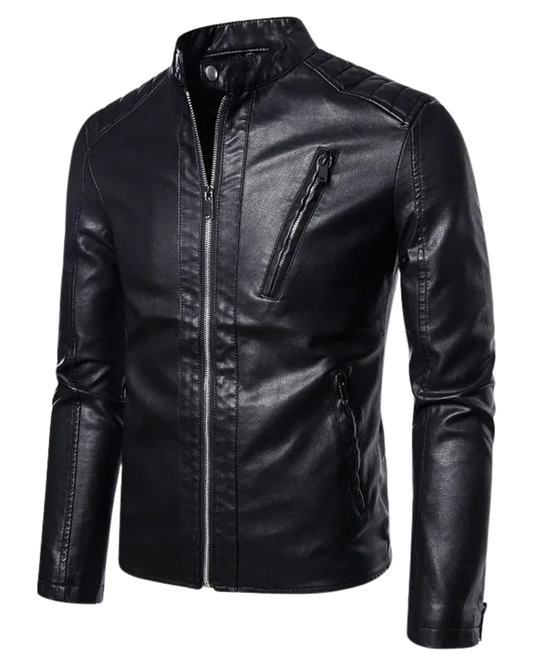 Elegante chaqueta de piel con cuello alzado