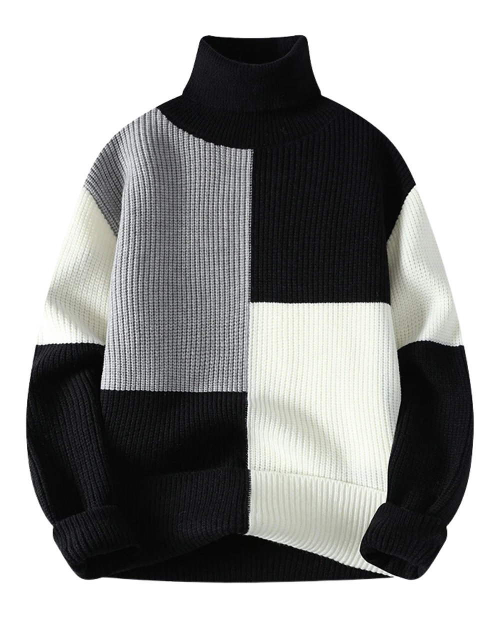 Elegante jersey de cuello alto con diseño patchwork